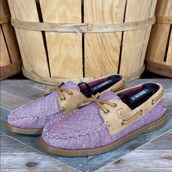Sperry A/O 2-Eye Fleck Purple Canvas Tan Leather Loafer Boat Shoes Womens Size 7 - Picture 3 of 11